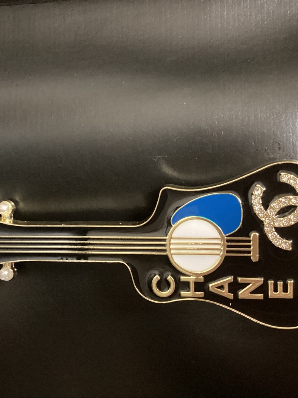 CHANEL Black Enamel Guitar Brooch with Blue Accent - Picture 2 of 6